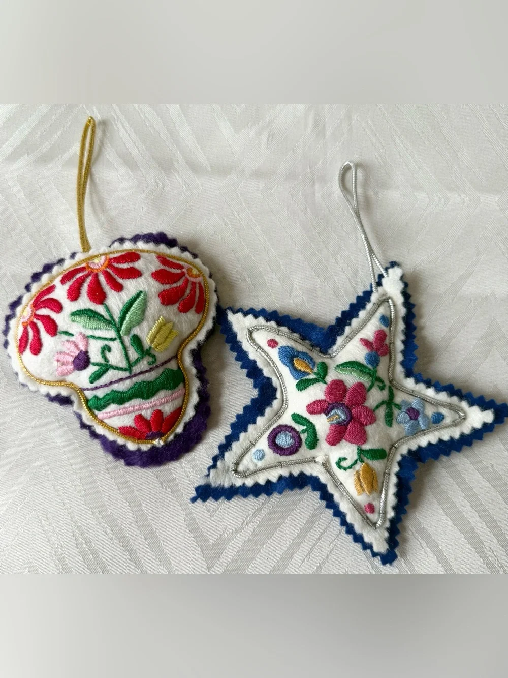 Hand-Embroidered White Floral Holiday Christmas Ornament Set - Star Fabric Soft